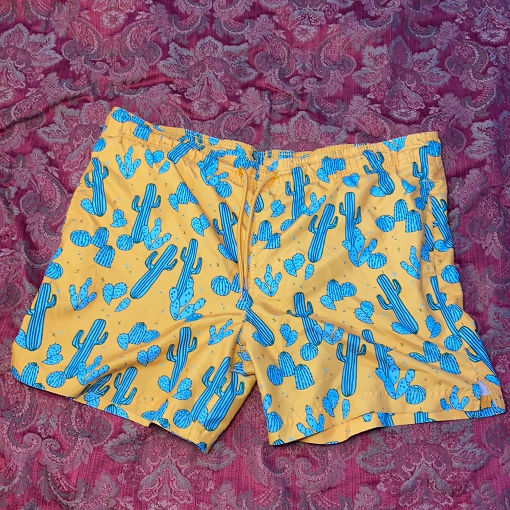 36-38 men’s swim trunks. Yellow with blue/green cactuses.